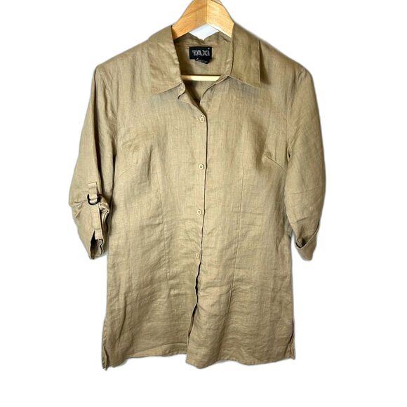 Vintage 90s Taxi Deep Tan Linen Roll Tab Sleeve Shaped Button Up Shirt Size L - Picture 3 of 13